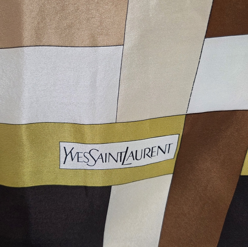 Vintage YVES SAINT LAURENT Silk Geometric Neutral Neckerchief Square Scarf - Picture 2 of 15